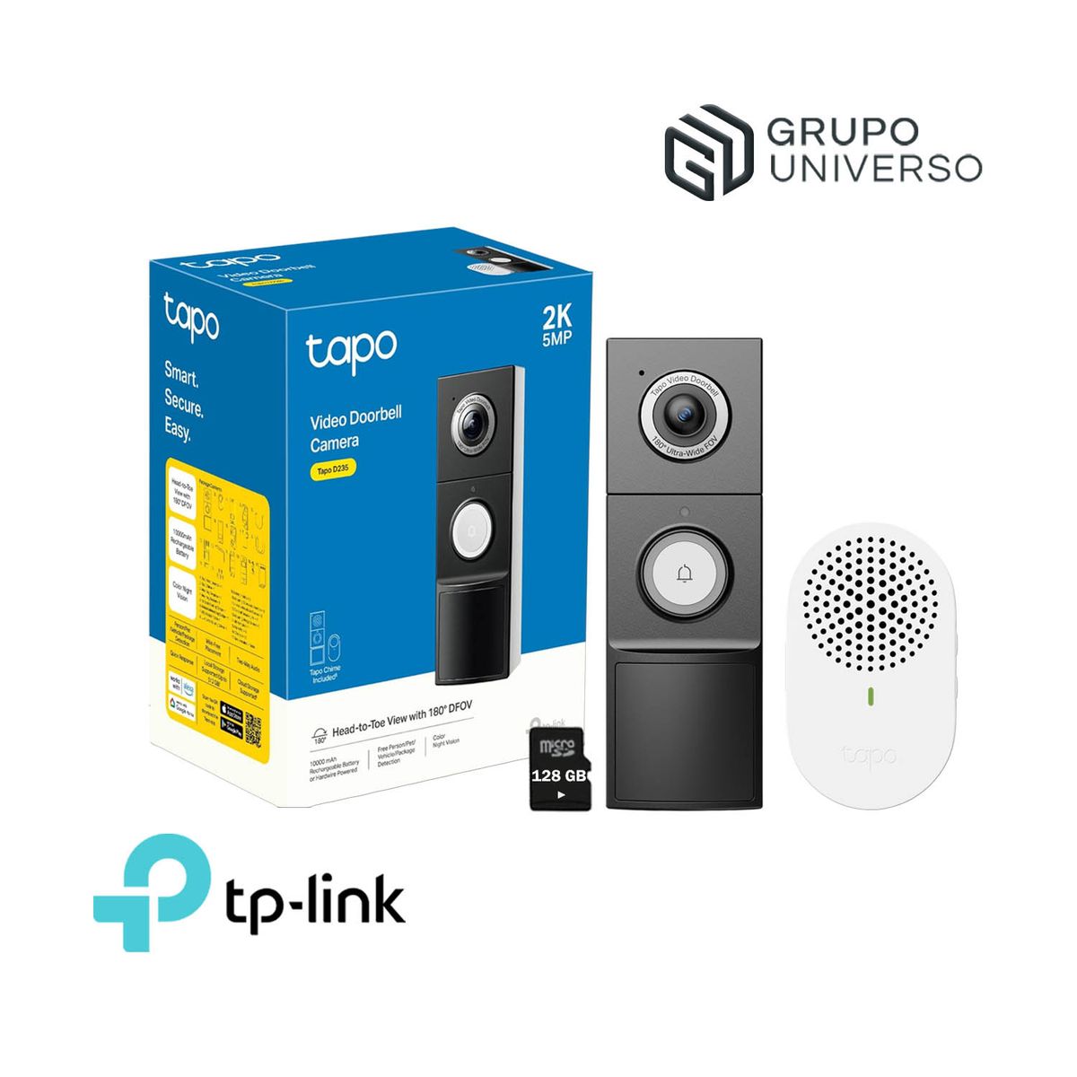 TP LINK - Timbre Smart Tapo D235 2K Cámara Sonido Bidireccional NocheColor 128GB