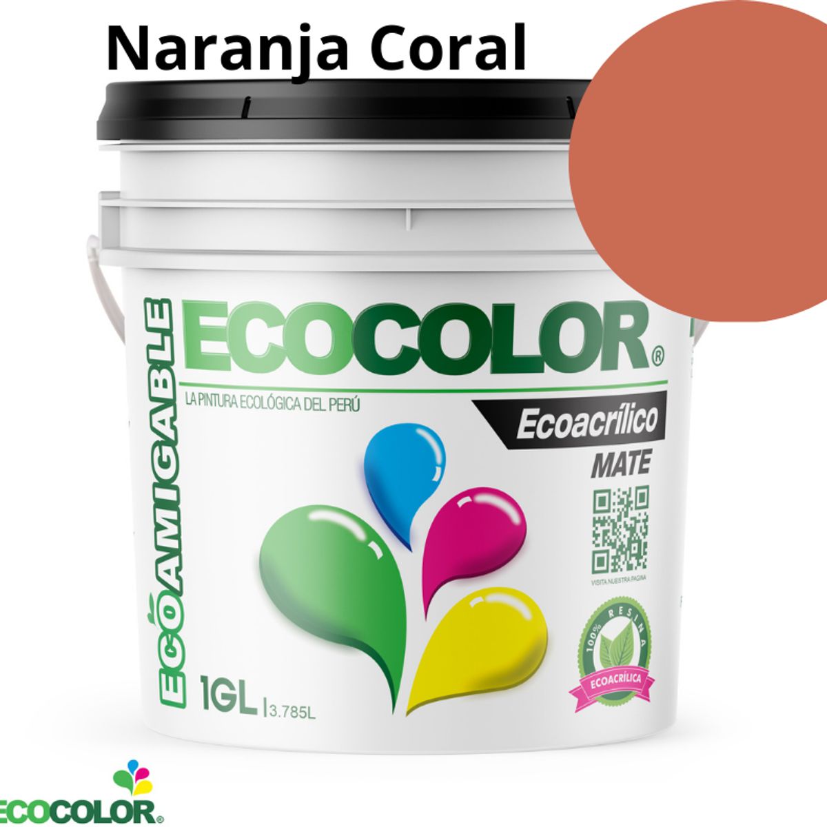 ECOCOLOR - PINTURA ECOCOLOR ECOACRILICO MATE NARANJA CORAL 1GL