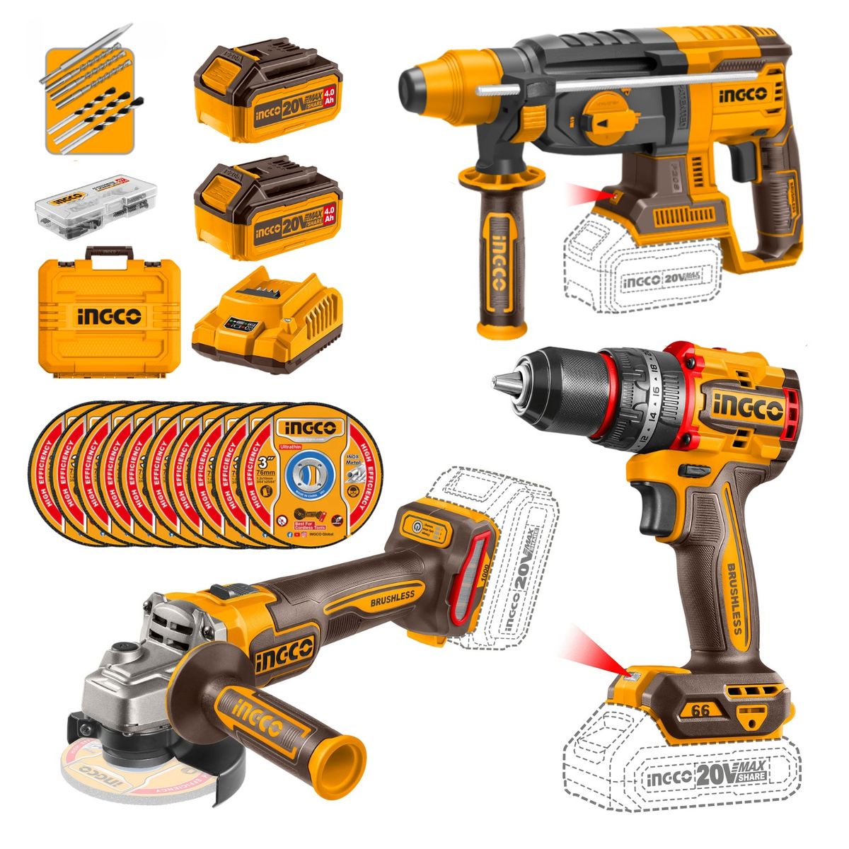 INGCO TOOLS - Combo taladro percutor 66nm + rotomartillo + amoladora industrial Ingco