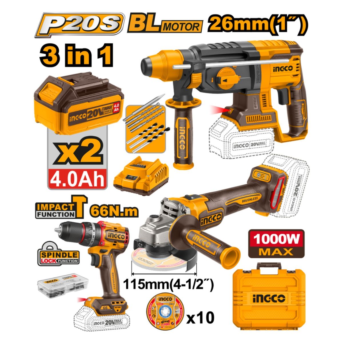 INGCO TOOLS - Combo taladro percutor 66nm + rotomartillo + amoladora industrial Ingco