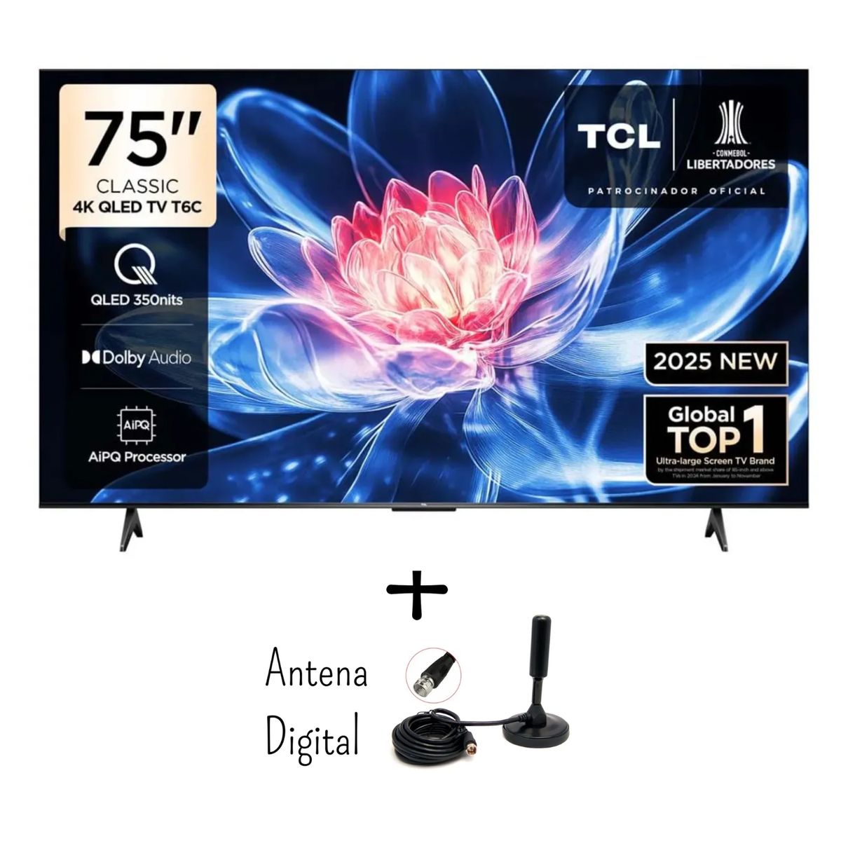 TCL - Televisor TCL 75 Pulgadas QLED UHD 4K Google TV 75T6C + Antena Digital (Modelo 2025)