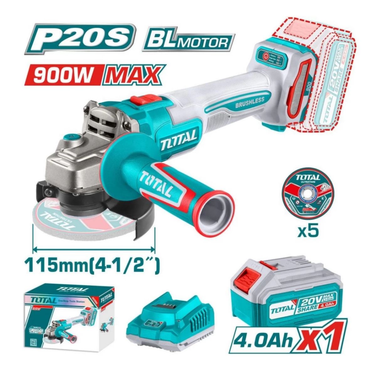 TOTAL TOOLS - Amoladora inalámbrica 4½ incluye batería y cargador Total