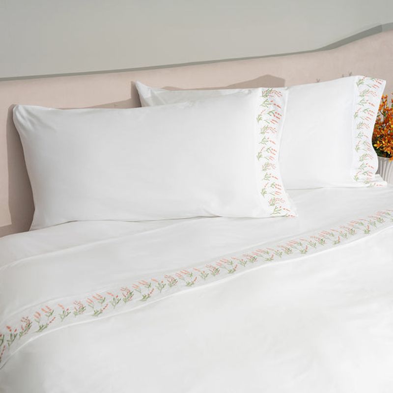 PLUMAS - Juego de Sábanas Lilibeth Coral - Blanco 400 Hilos