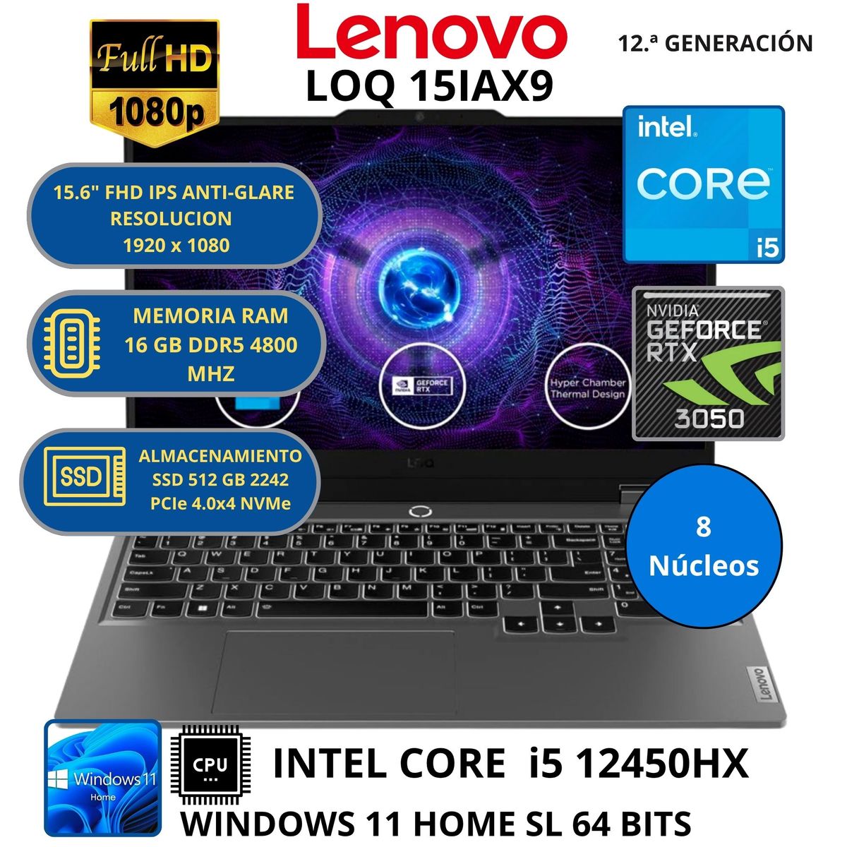 LENOVO - Laptop Lenovo LOQ 15IAX9 INTEL CORE i5-RAM 16 GB SSD 512 GB GEFORCE RTX 3050 con 6 GB GDDR6