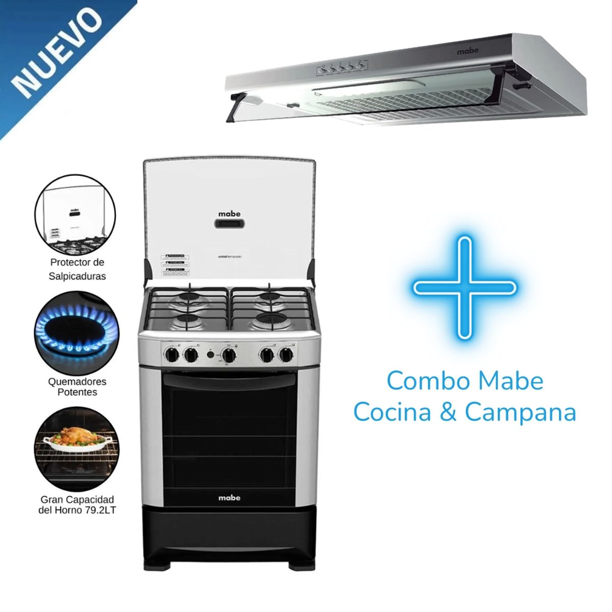 MABE - Combo Mabe Cocina a Gas 4 Quemadores CMP6014AG0 y Campana CMU6020PI0 de 60cm