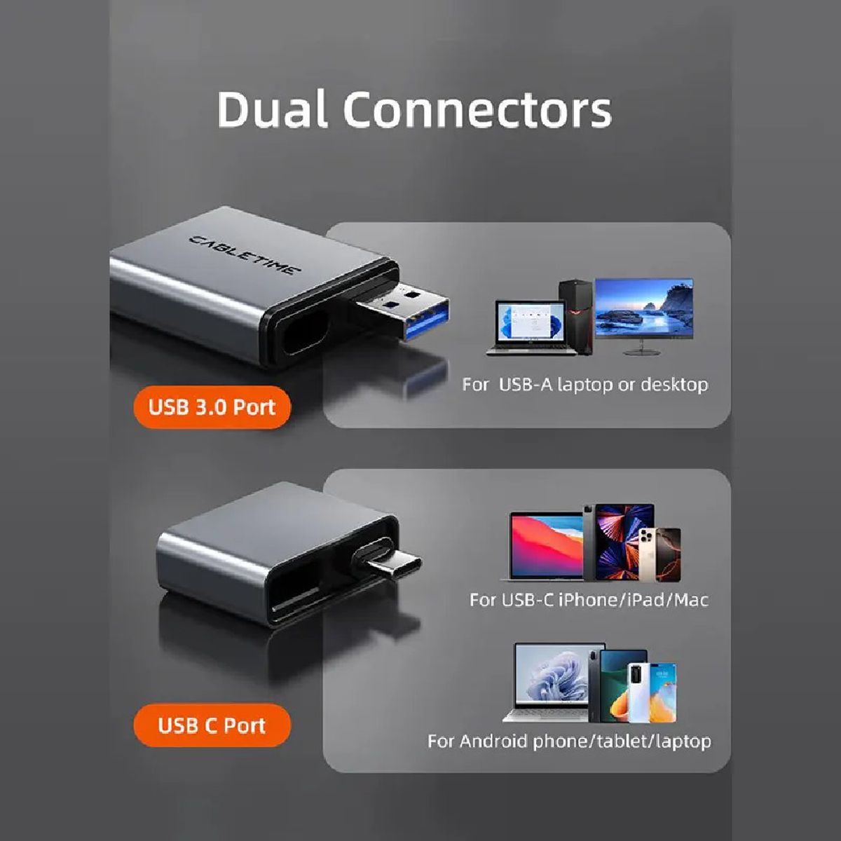 GENERICO - Lector de tarjetas de USB-A/USB-C 3.0  a puerto SD TF  4.0 CABLETIME CB49G