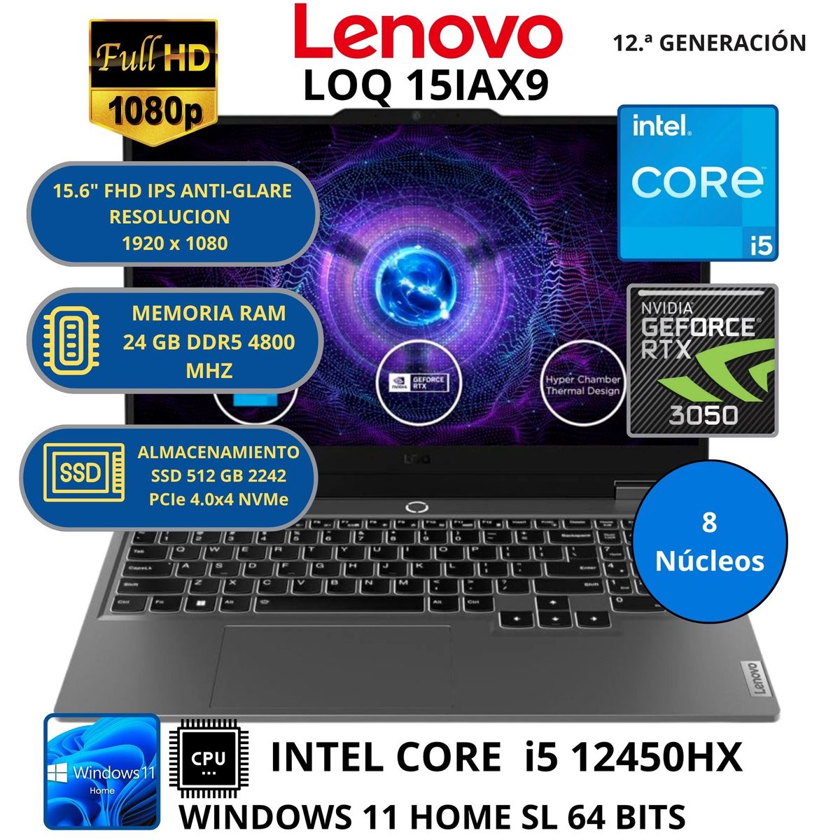 LENOVO - Laptop Lenovo LOQ 15IAX9 INTEL CORE i5-RAM 24 GB SSD 512 GB GEFORCE RTX 3050 con 6GB GDDR6