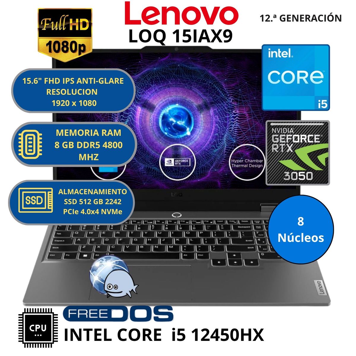 LENOVO - Laptop LENOVO LOQ 15IAX9 INTEL CORE i5-RAM 8 GB SSD 512 GB NVIDIA GEFORCE RTX 3050 con 6GB GDDR6