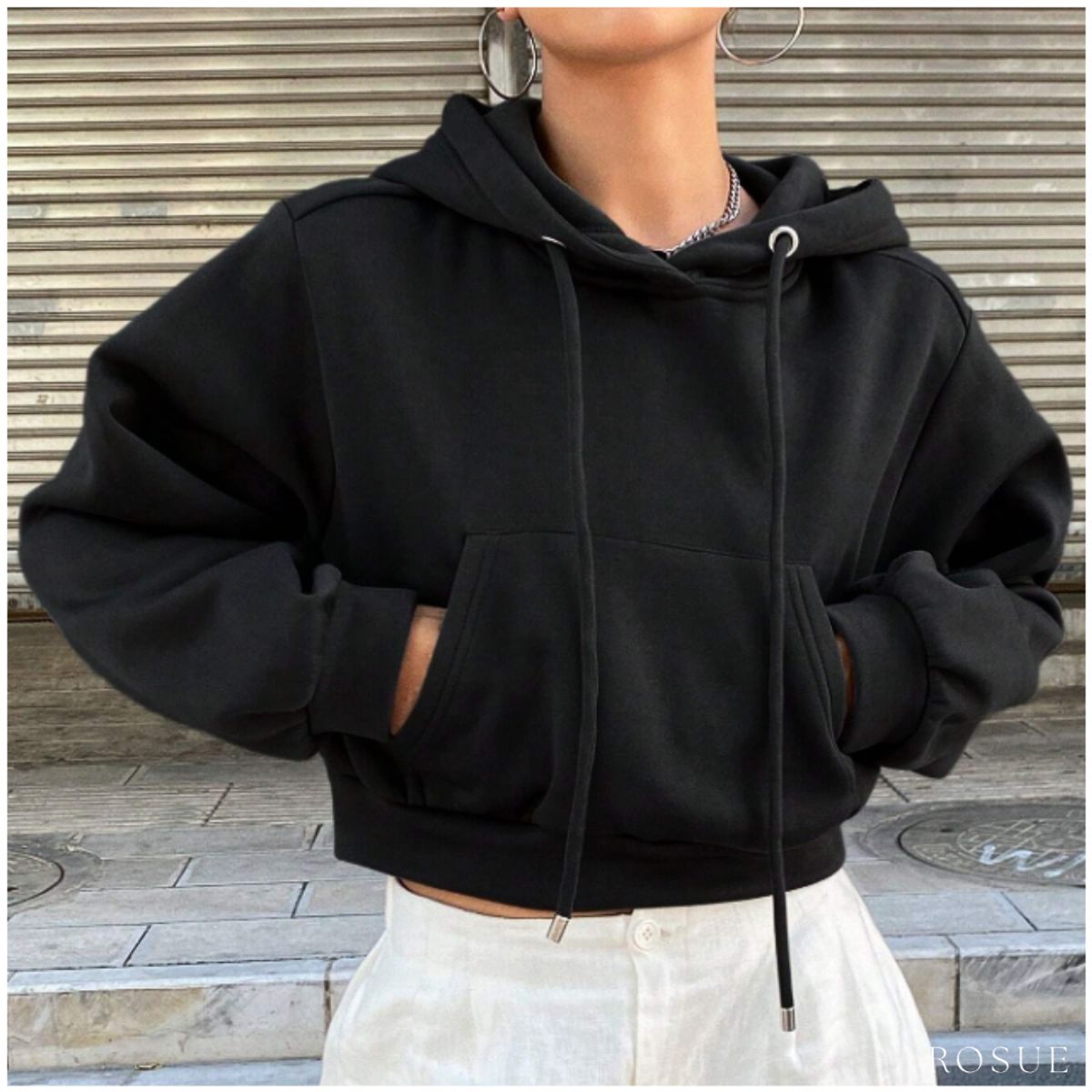 ROSUE - Polera con Capucha Crop de Franela Mujer