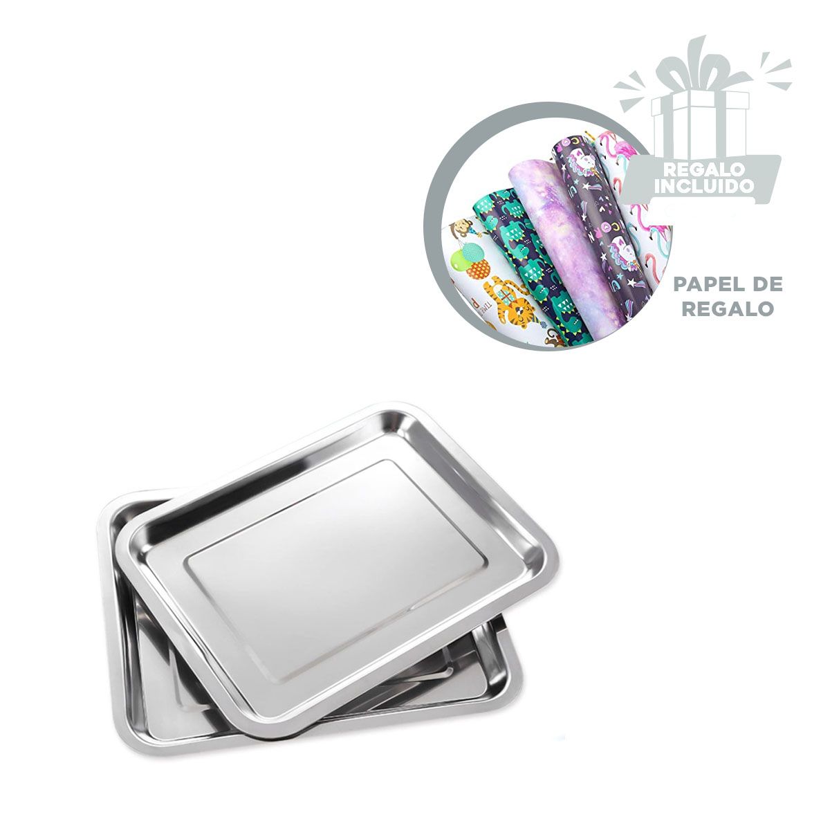GENERICO - Bandeja con Borde Liso de Acero 36x27x2cm Y+Papel de Regalo