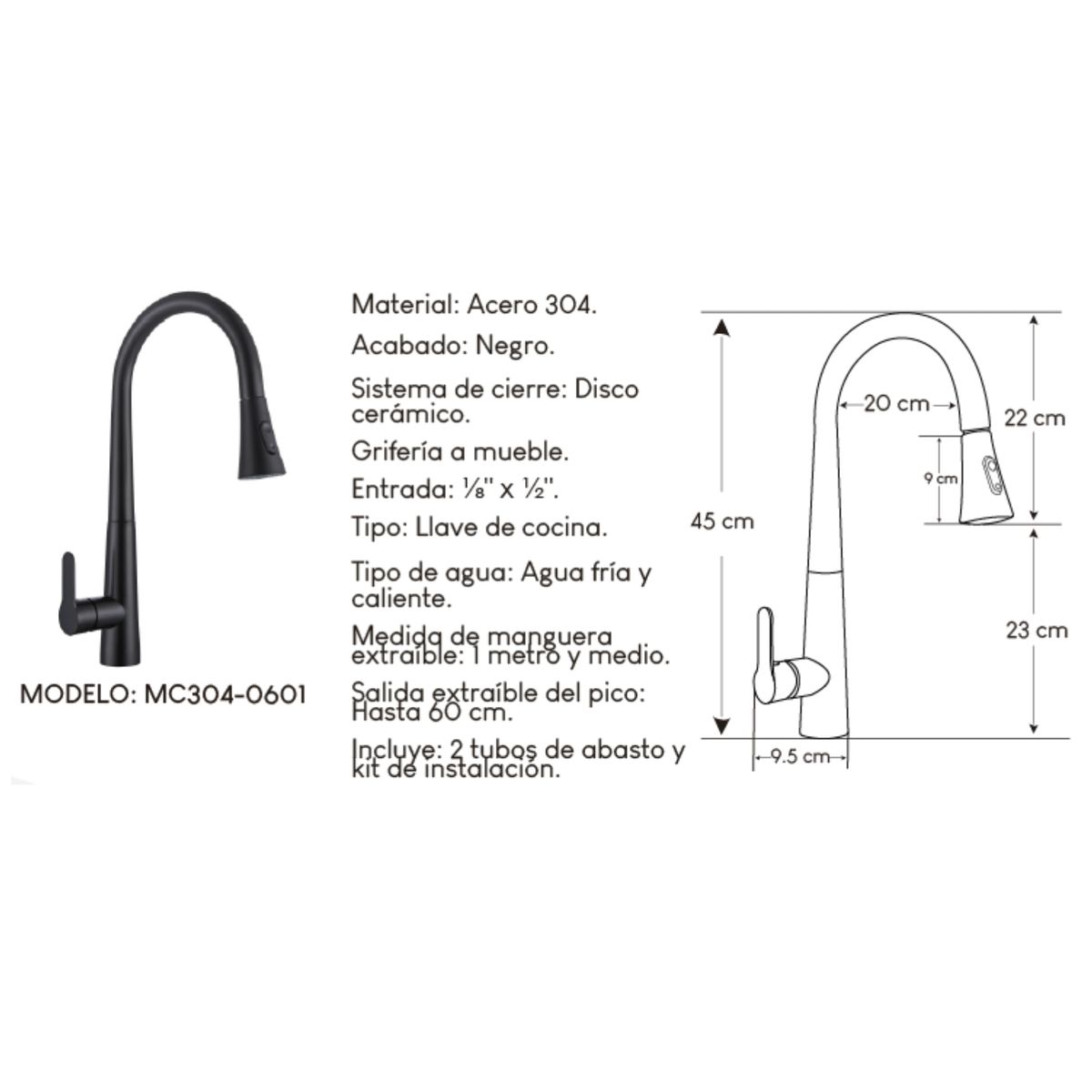 XM - Grifo Mezcladora para cocina MC 304-0601 Negro Mate