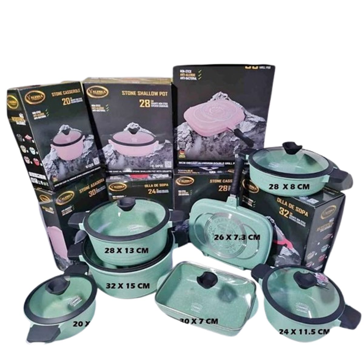 VALESKA - JUEGO DE OLLAS DE 13 PIEZAS ROCA VOLCANICA VALESKA COLOR JADE