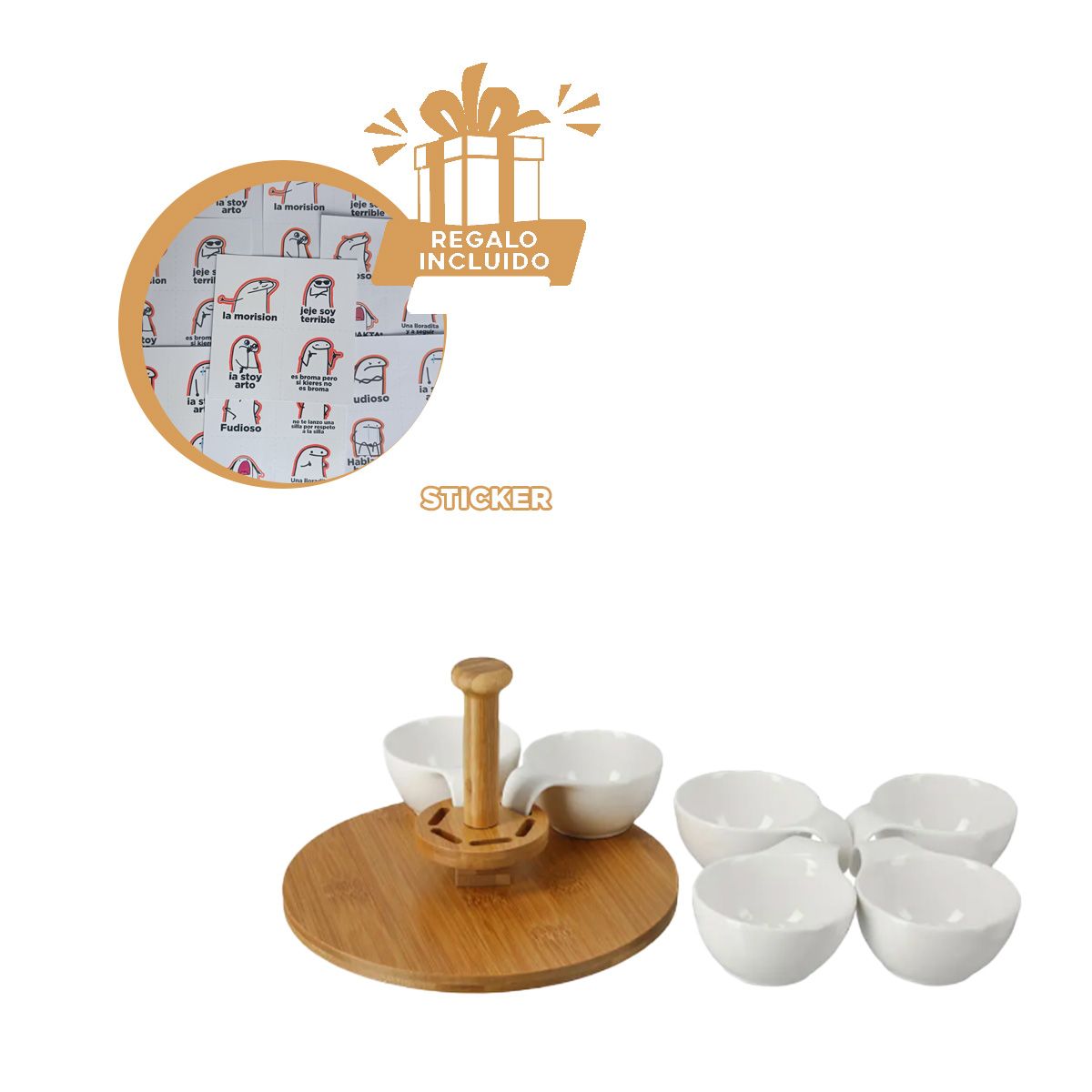 GENERICO - Bandeja Movil de 6 Cuencos Blanco y Madera Y+Regalo Stickers