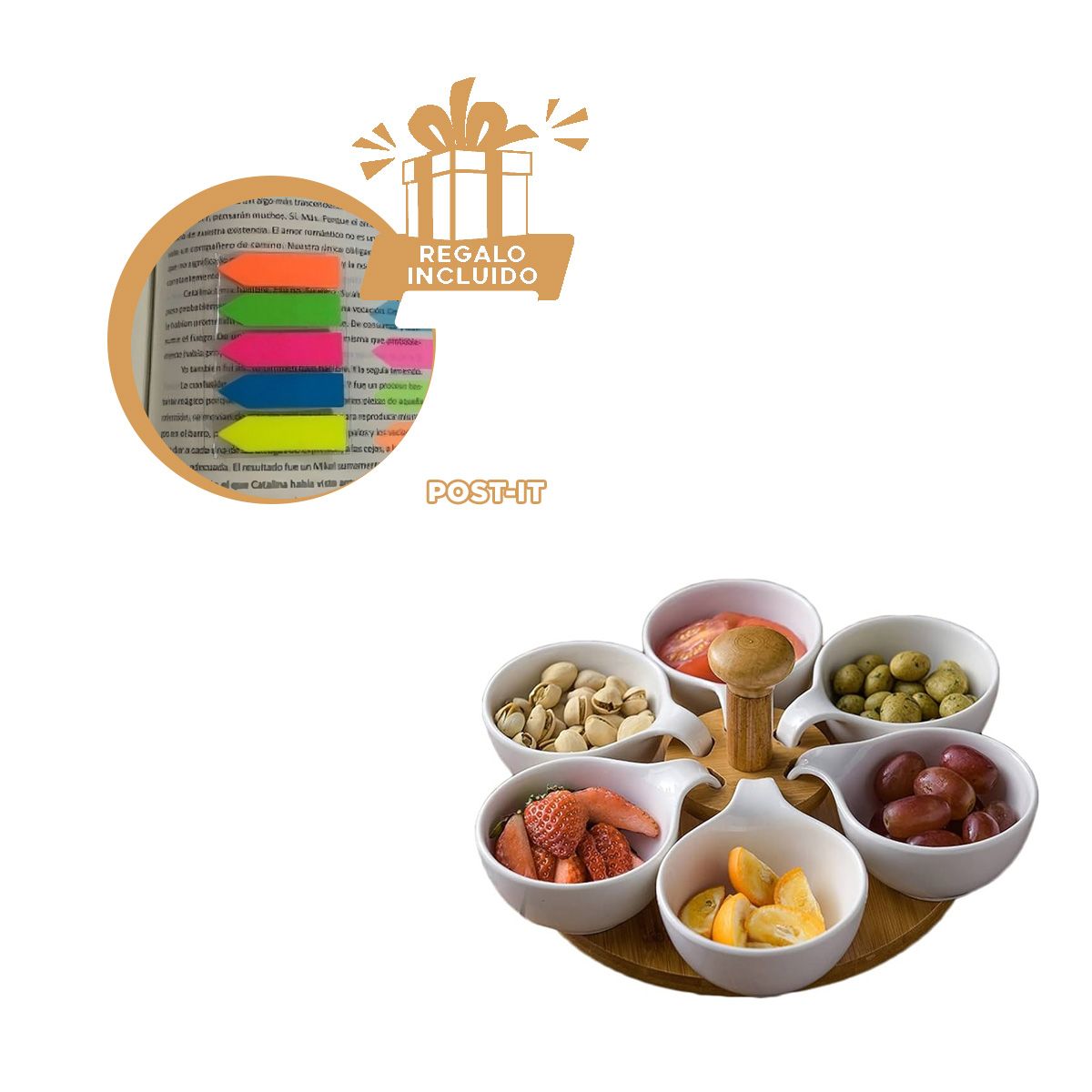 GENERICO - Plato Movil de 6 Bolos Blanco y Madera Y+Post-it Adhesivos