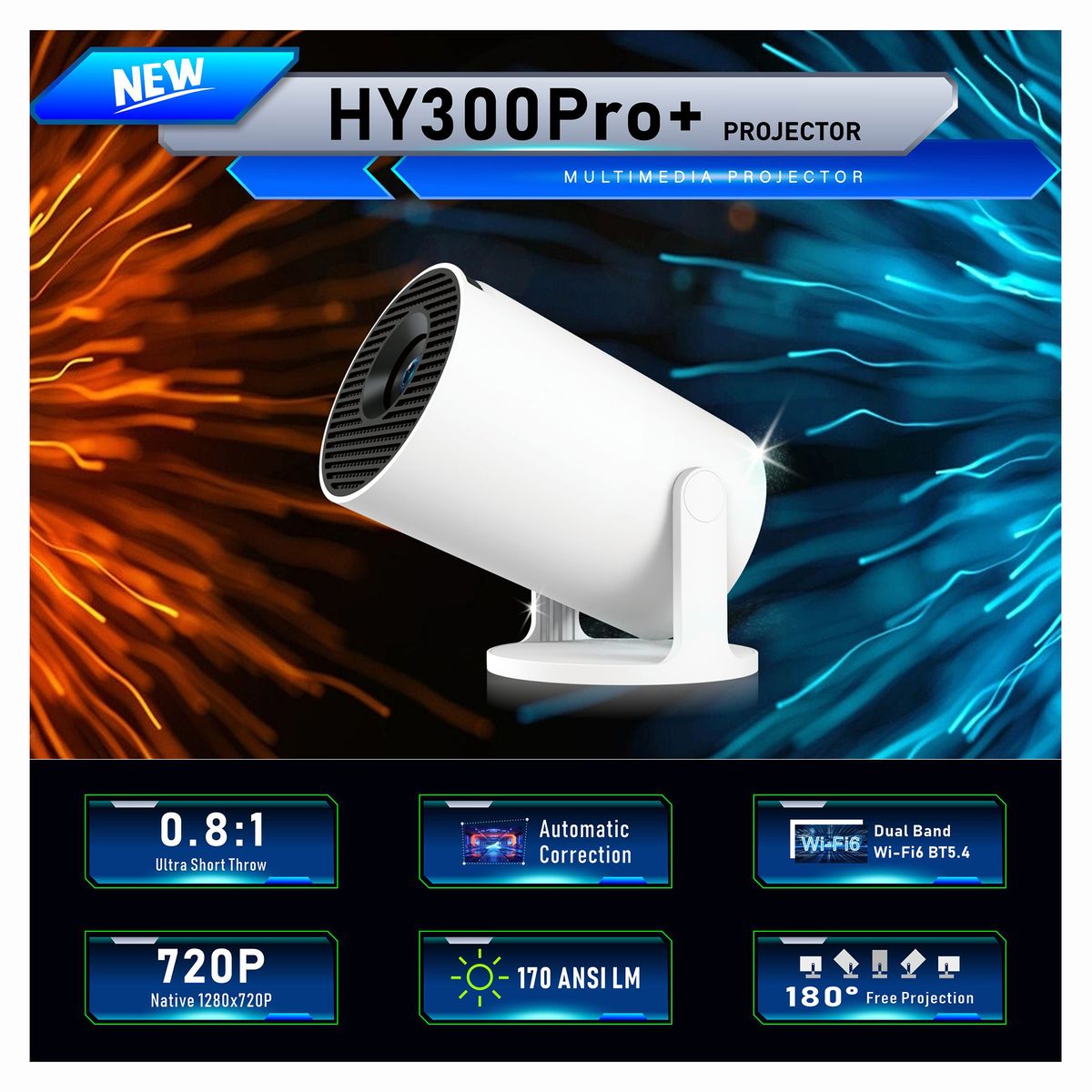 CORRERREY - HY300 Pro + proyector 4K 720P proyector portátil con WiFi 6 BT5.4 Auto