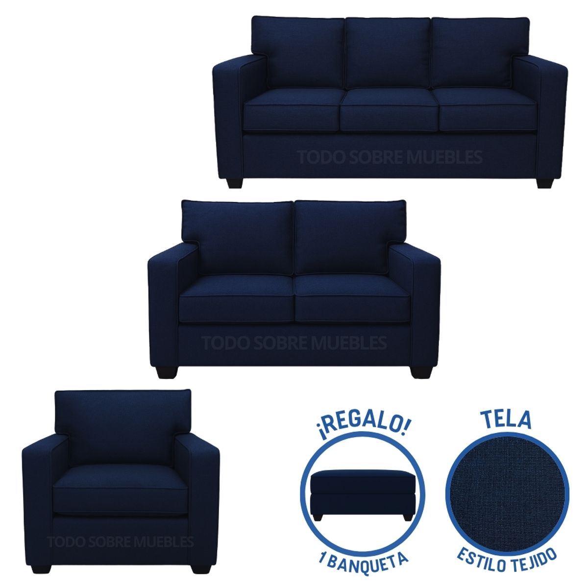GENERICO - Juego De Sala Reims 3-2-1 Azul Oscuro + Banqueta de Regalo