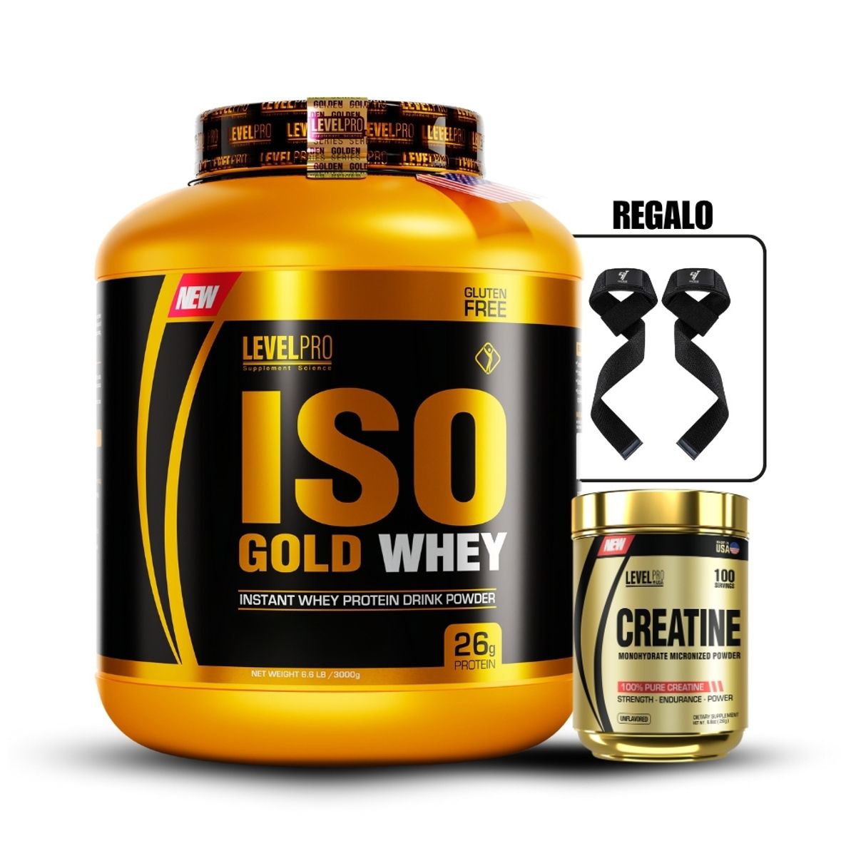 LEVEL PRO - Proteína Iso Gold Whey de 3kg ChocolateCreatina Level Pro 250GrStraps