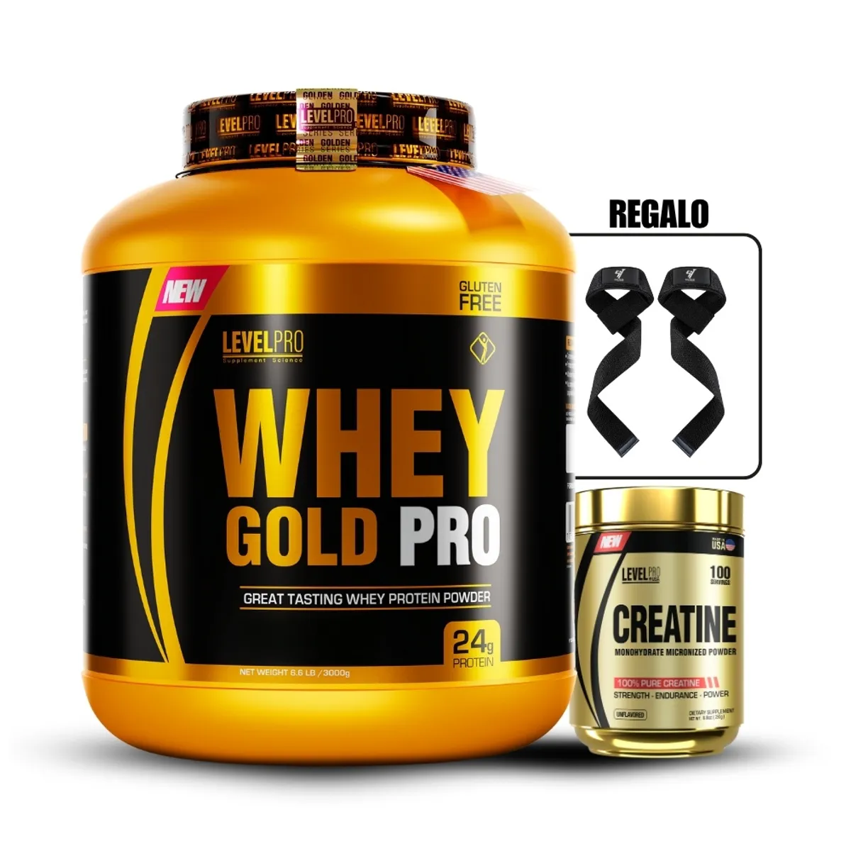 LEVEL PRO - Whey Gold Pro 3kg ChocolateCreatina Level Pro 250GrStraps