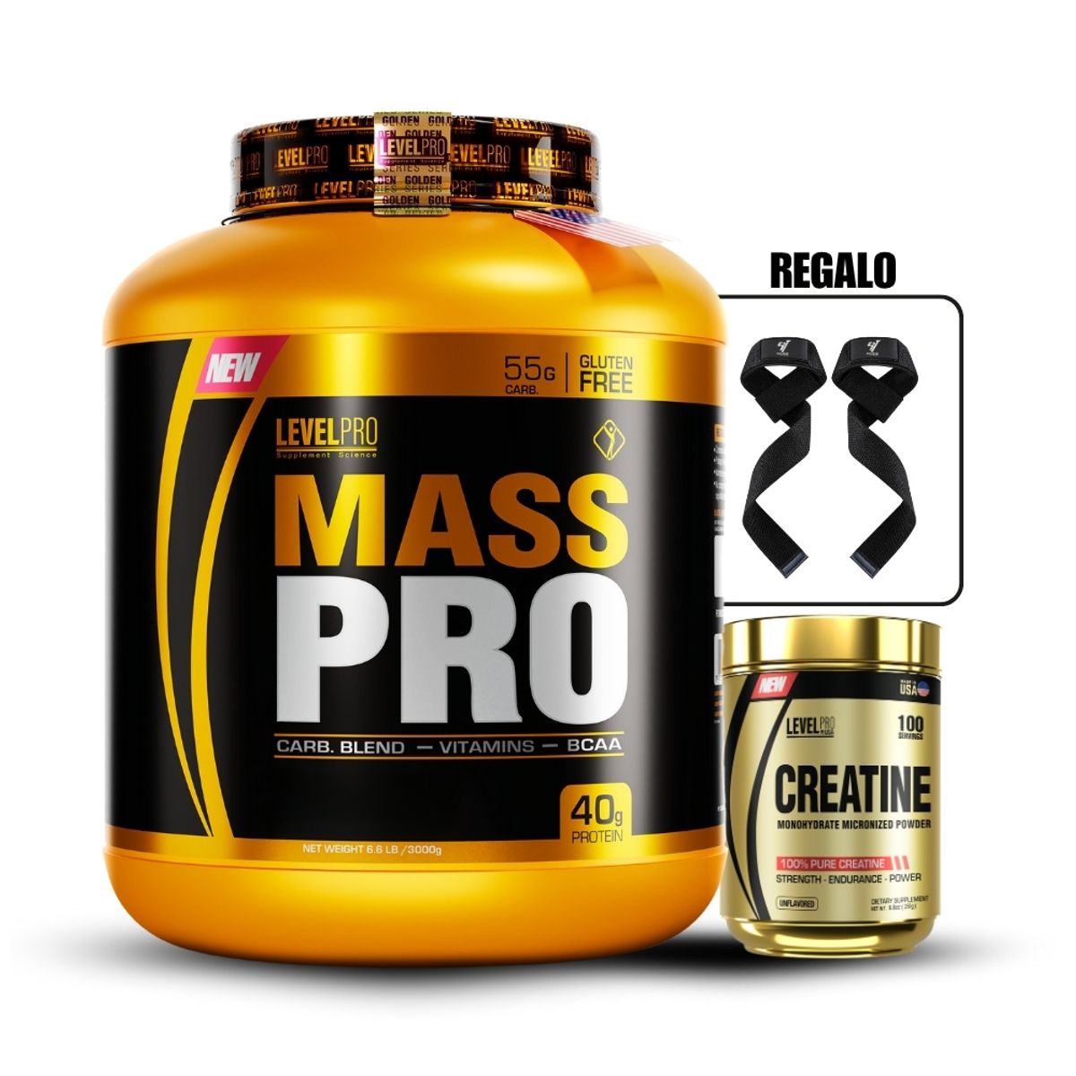 LEVEL PRO - Proteína Mass Pro 3kg Chocolate+Creatina Level Pro 250Gr+Straps