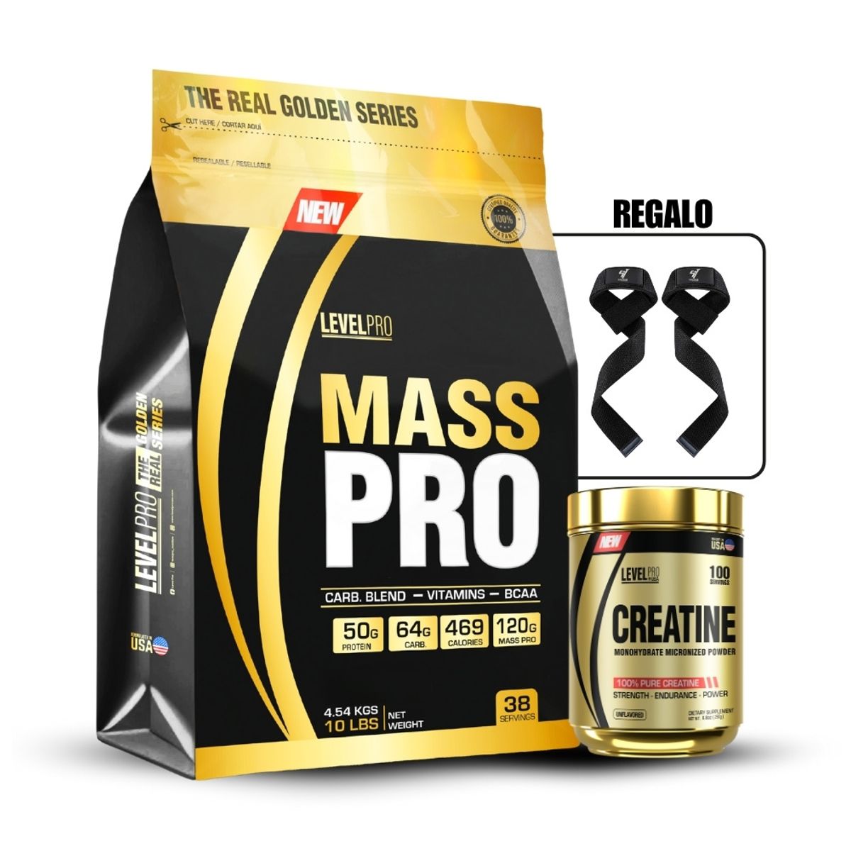 LEVEL PRO - Proteína Mass Pro 10 lb Cookies+Creatina Level Pro 250Gr+Straps