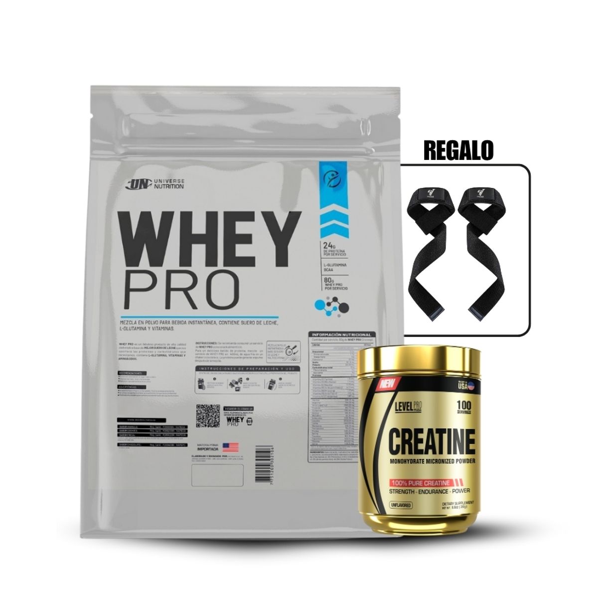 LEVEL PRO - Whey Pro 3 Kg Chocolate+Creatina Level Pro 250GrStraps