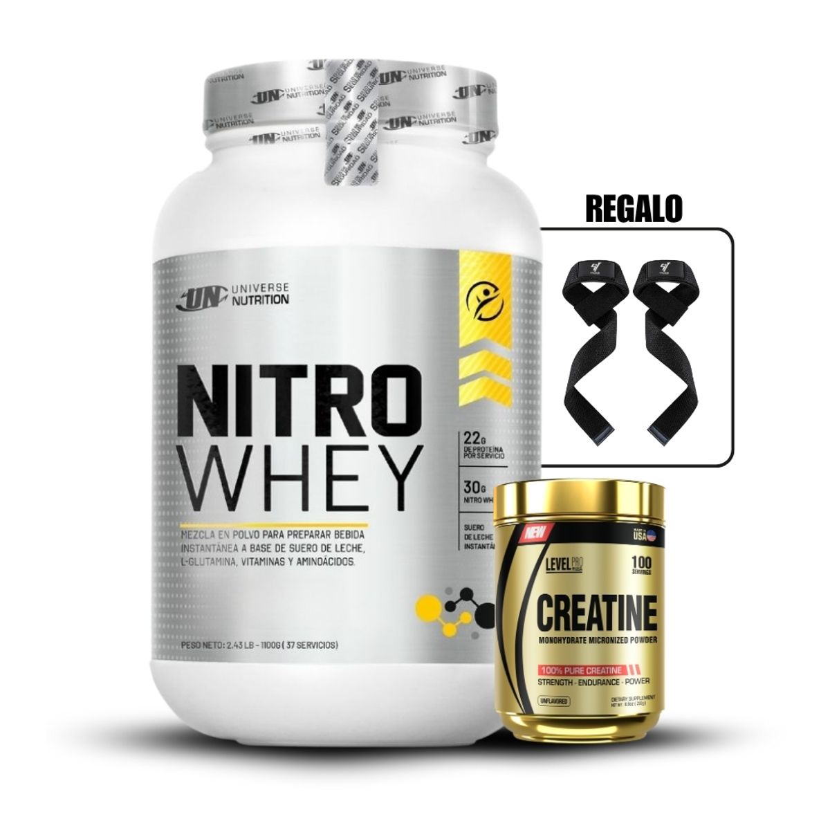 Level Pro - Nitro Whey de 1.1 kg Chocolate+Creatina Level Pro 250GrStraps