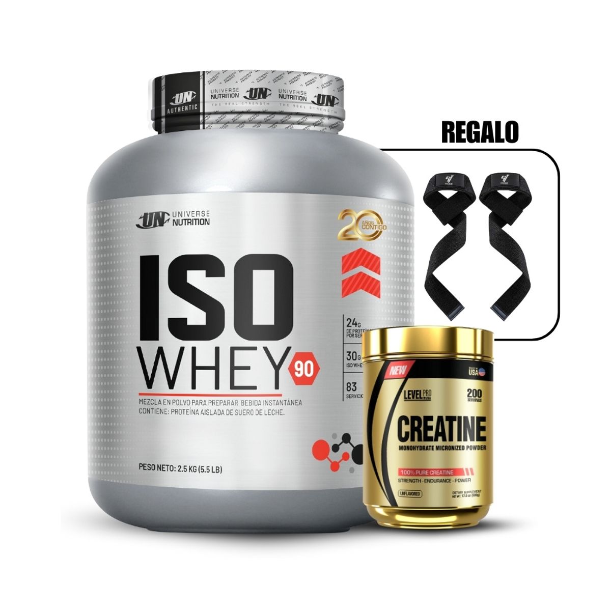 LEVEL PRO - Iso Whey 90 de 2.5 kg Vainilla+Creatina Level Pro 250Gr+Straps