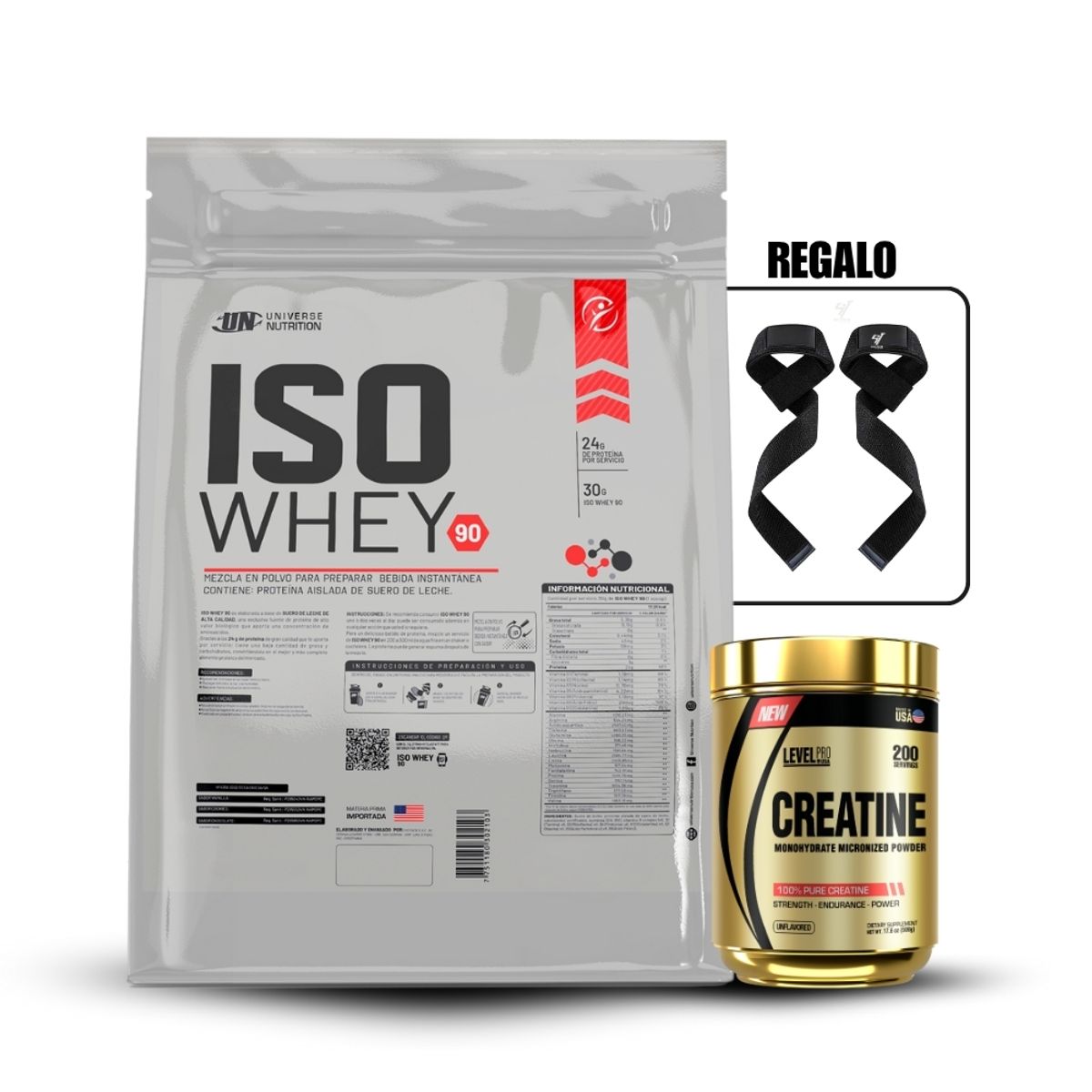 LEVEL PRO - Iso Whey 90 de 5 kg Chocolate+Creatina Level Pro 250Gr+Straps