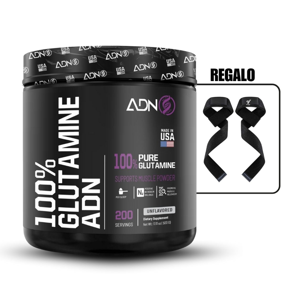 ADN - Glutamina Micronizada Adn 500Gr+Straps