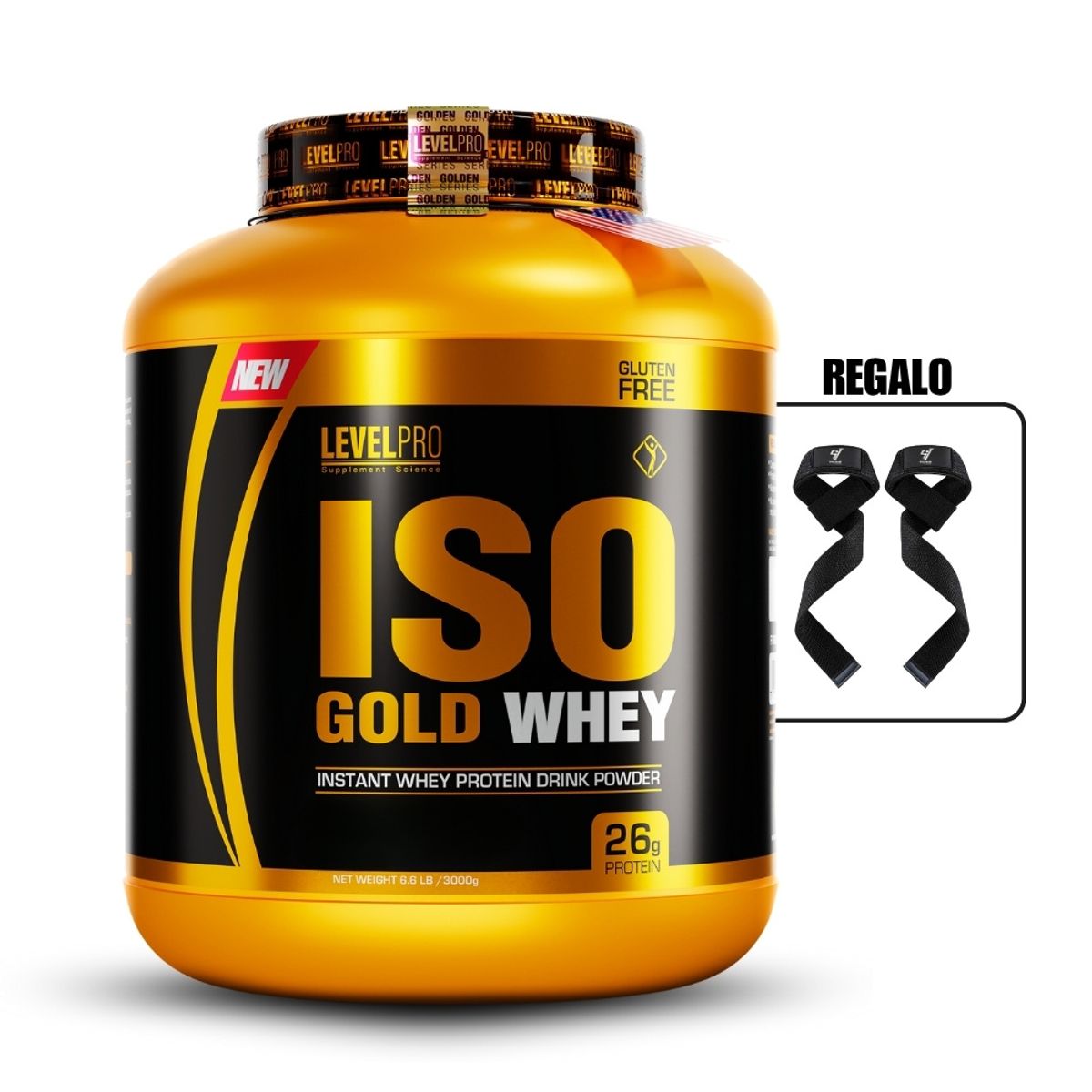 LEVEL PRO - Proteína Iso Gold Whey de 3kg Chocolate+Straps