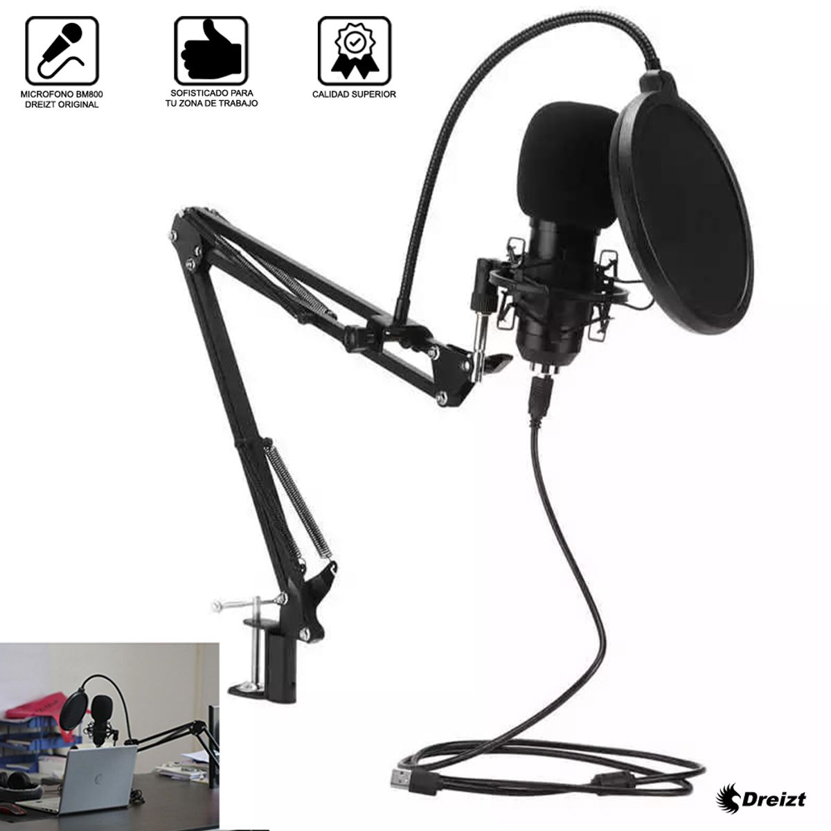 DREIZT - Microfono Condensador Brazo Soporte Bm800 Pc Estudio Antipop Black