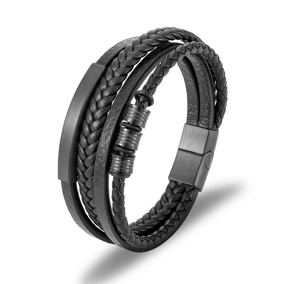 GENERICO - PULSERA HOMBRE CUERO ACERO INOXIDABLE NEGRO ELEGANTE MODA