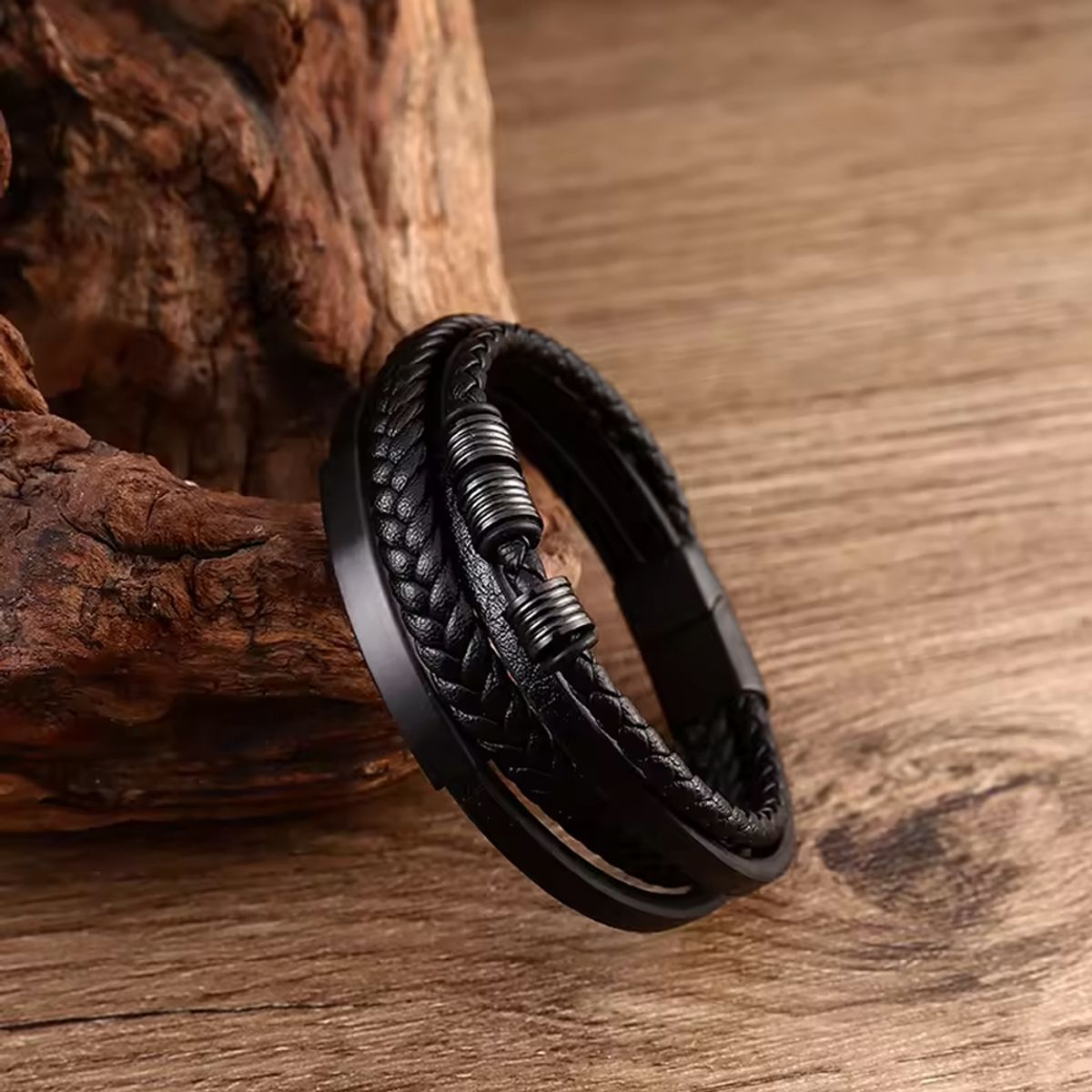 GENERICO - PULSERA HOMBRE CUERO ACERO INOXIDABLE NEGRO ELEGANTE MODA