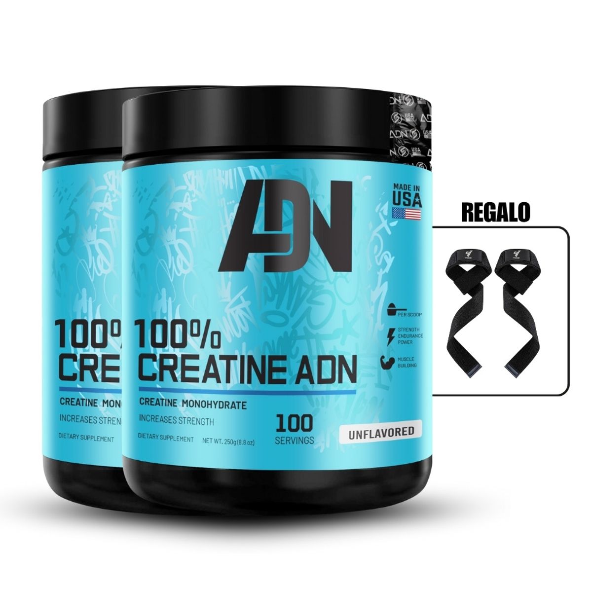 ADN - Creatina Monohidratada Adn 250Gr Pack X2+Straps