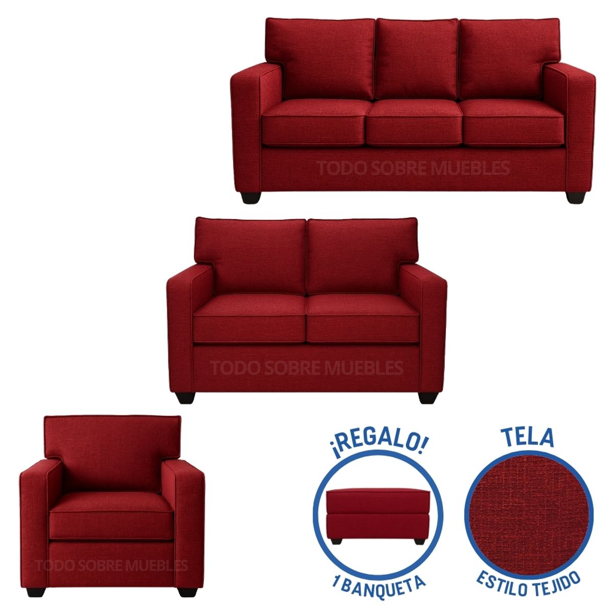 GENERICO - Juego De Sala Reims 3-2-1 Rojo + Banqueta de Regalo