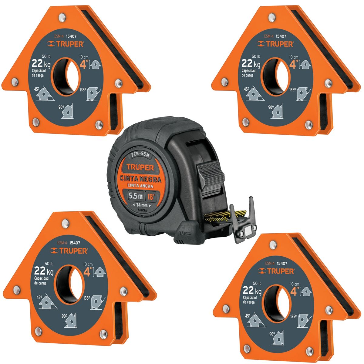 TRUPER - Kit wincha magnética, Escuadra magnética para soldar, 22 Kg, 4 piezas