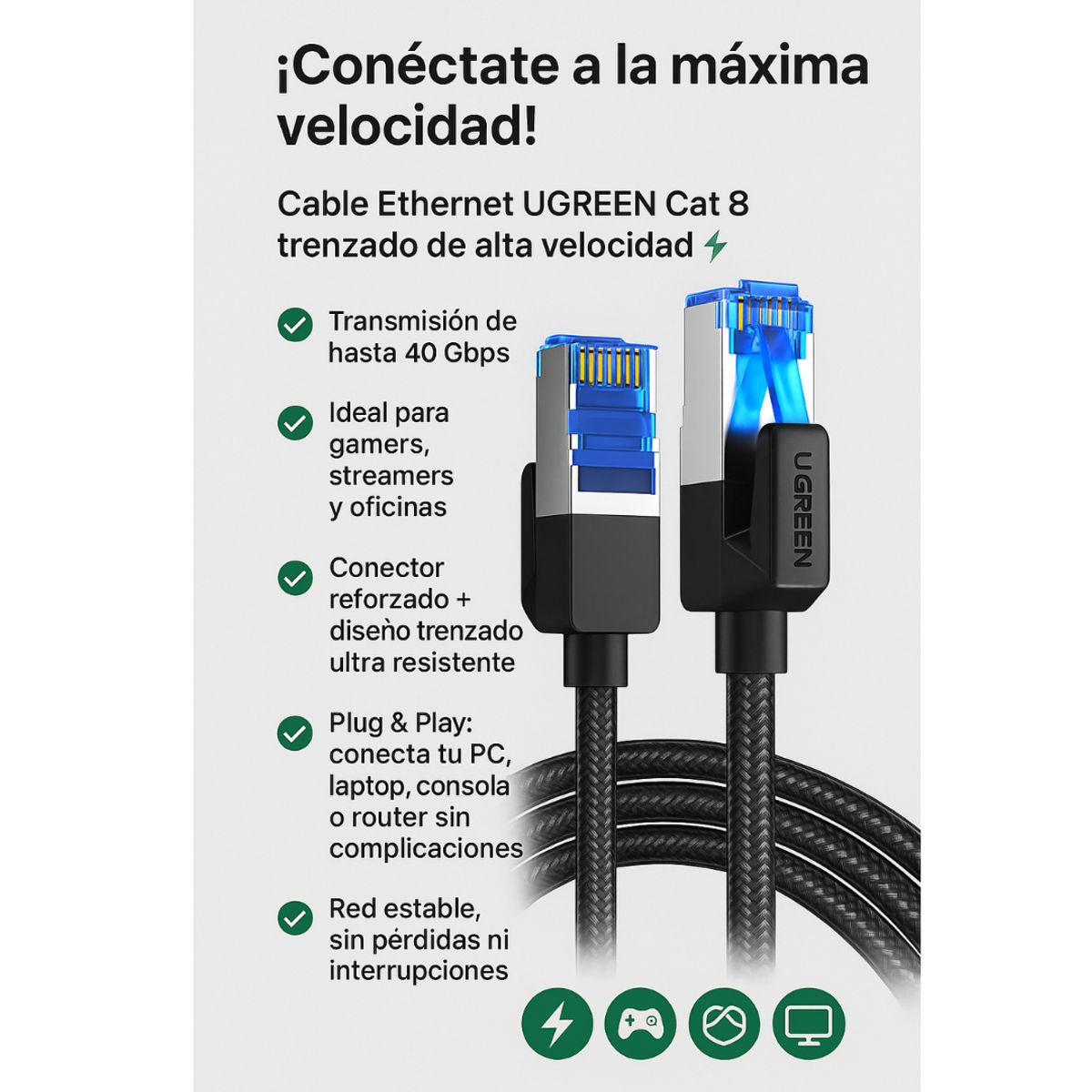 UGREEN - Cable Red RJ45 Ethernet UGREEN Cat 8 40 Gbps Alta Velocidad - 5 Metros