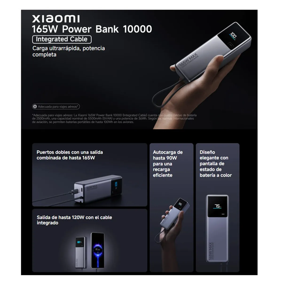 XIAOMI - Xiaomi Power Bank 10000mAh 165W Cable Integrado Para iPhone Macbook