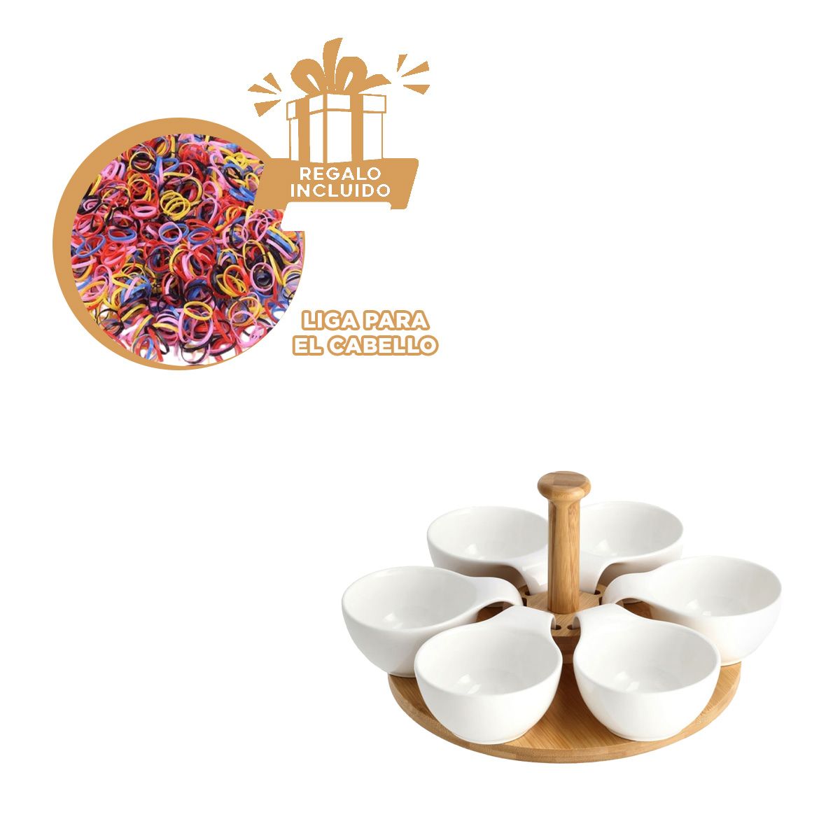 GENERICO - Plato para 6 Salsas Blanco y Madera Y+Ligas de Regalo