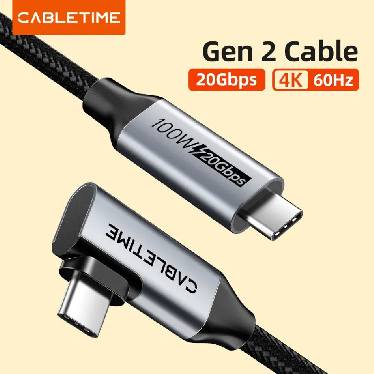 GENERICO - Cable USB-C 90º a USB-C recto 100W de 2M  CABLETIME CU24L