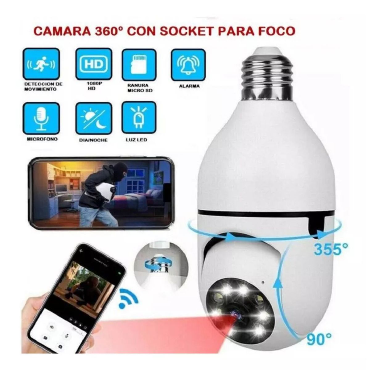 GENERICO - Foco Cámara Espía 360° Visión Total Seguridad Inteligente Instalación Simplificada