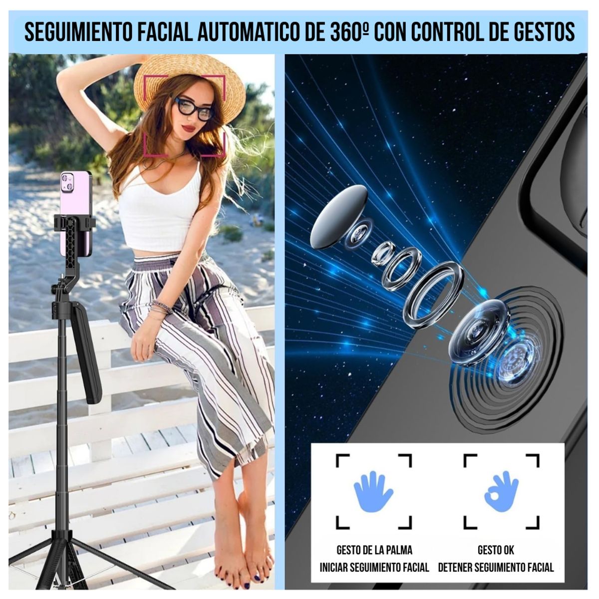 SEISA - Trípode Selfie Stick con Seguimiento Facial Inteligente 360° BAIHUO