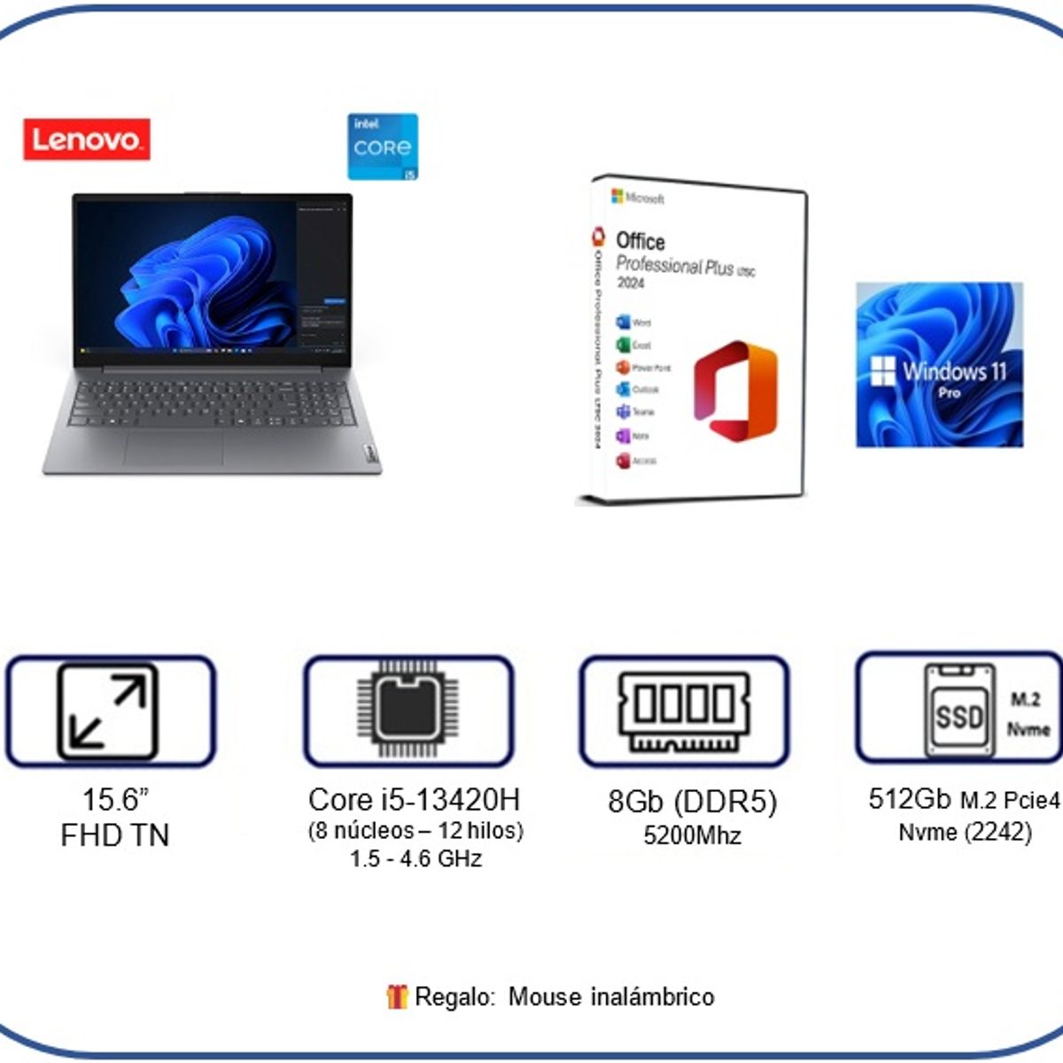 ULTIMA Laptop Windows 11 M. Office 2024 Lenovo Core i5 8Gb RAM DDR5 512Gb SSD, marca LENOVO - Foto Principal