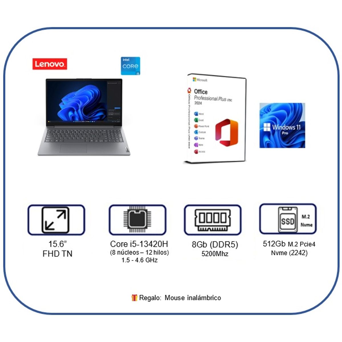 ULTIMA Laptop Windows 11 M. Office 2024 Lenovo Core i5 8Gb RAM DDR5 512Gb SSD, marca LENOVO - Foto Principal