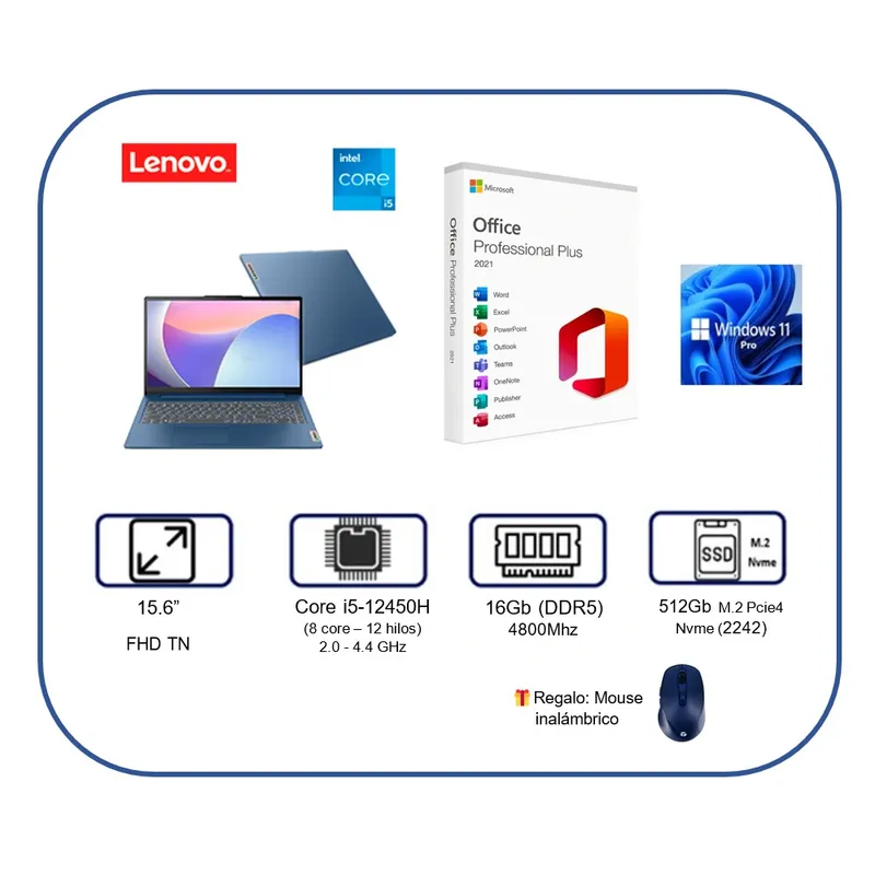 LENOVO - Lenovo IdeaPad Slim 3 - Intel Core i5-12450H / 16Gb RAM DDR5 / 512Gb SSD - Windows 11 M. Office 2021