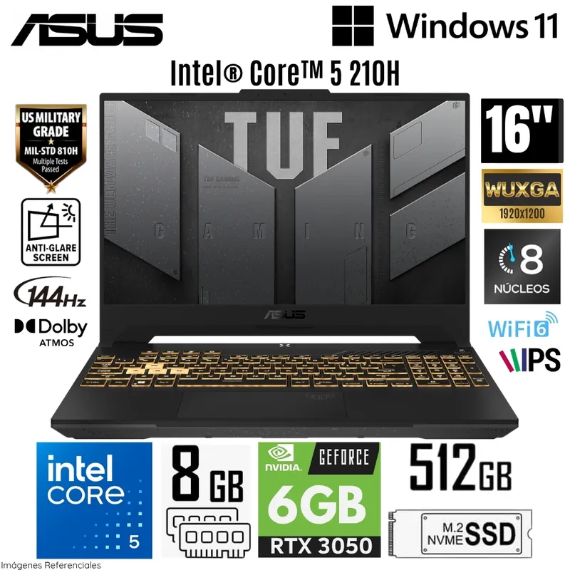 ASUS - Laptop Gamer Asus FX607VJ-RL011W Intel Core 5 210H 8GB RAM 512GB SSD RTX 3050-6GB 16" WUXGA Gray