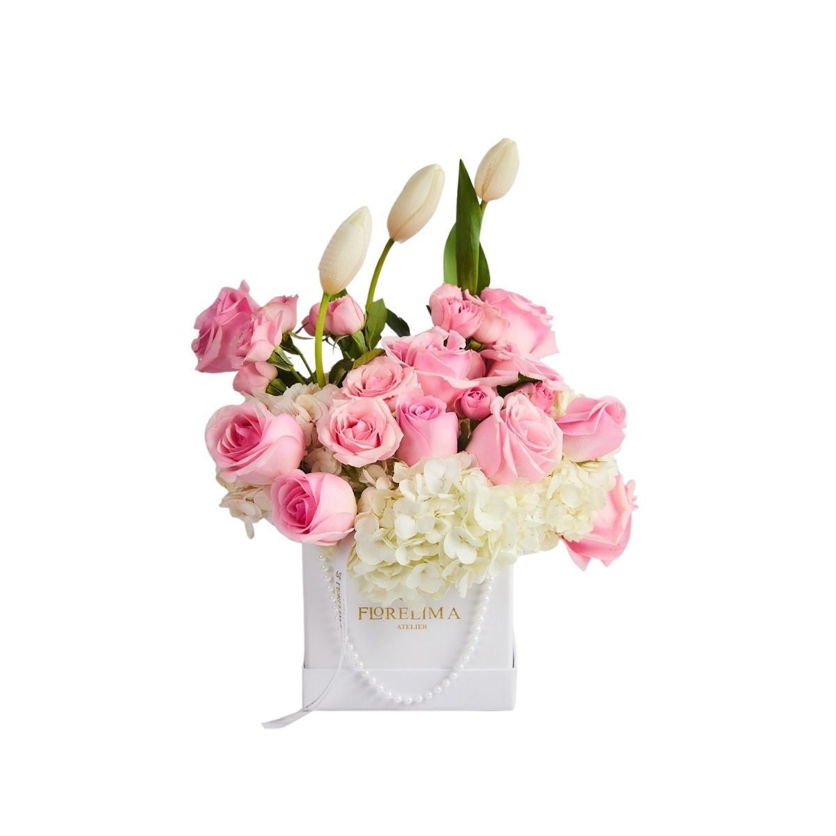 GENERICO - Box de  3 Tulipanes Blancos, Rosas y Hortensias