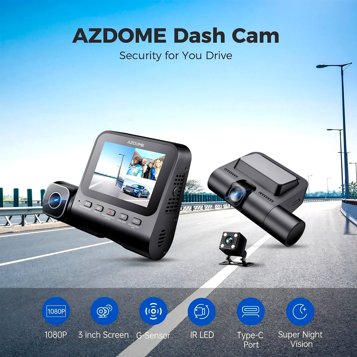 GENERICO - Azdome V600-3ch Cámara Para Automóvil Súper Visión Nocturna