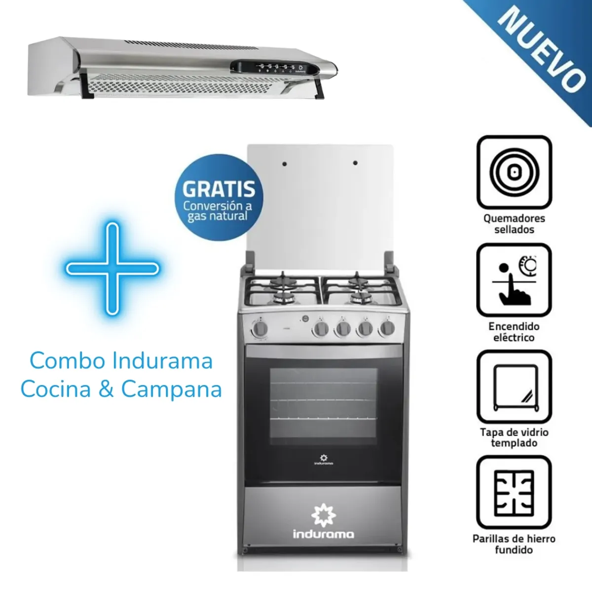 INDURAMA - Combo Indurama Cocina Coruña y Campana Extractora CEI-602CRP - Silver