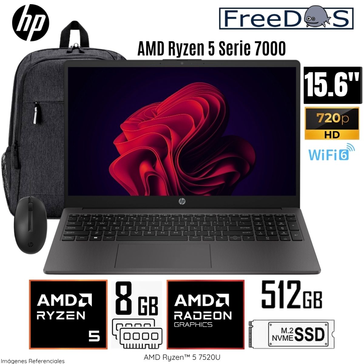 HP - Laptop HP 255 G10 AMD Ryzen 5-7520U 8GB RAM 512GB SSD 15.6"  HD Free Dos Mochila y Mouse HP - A12HBLT